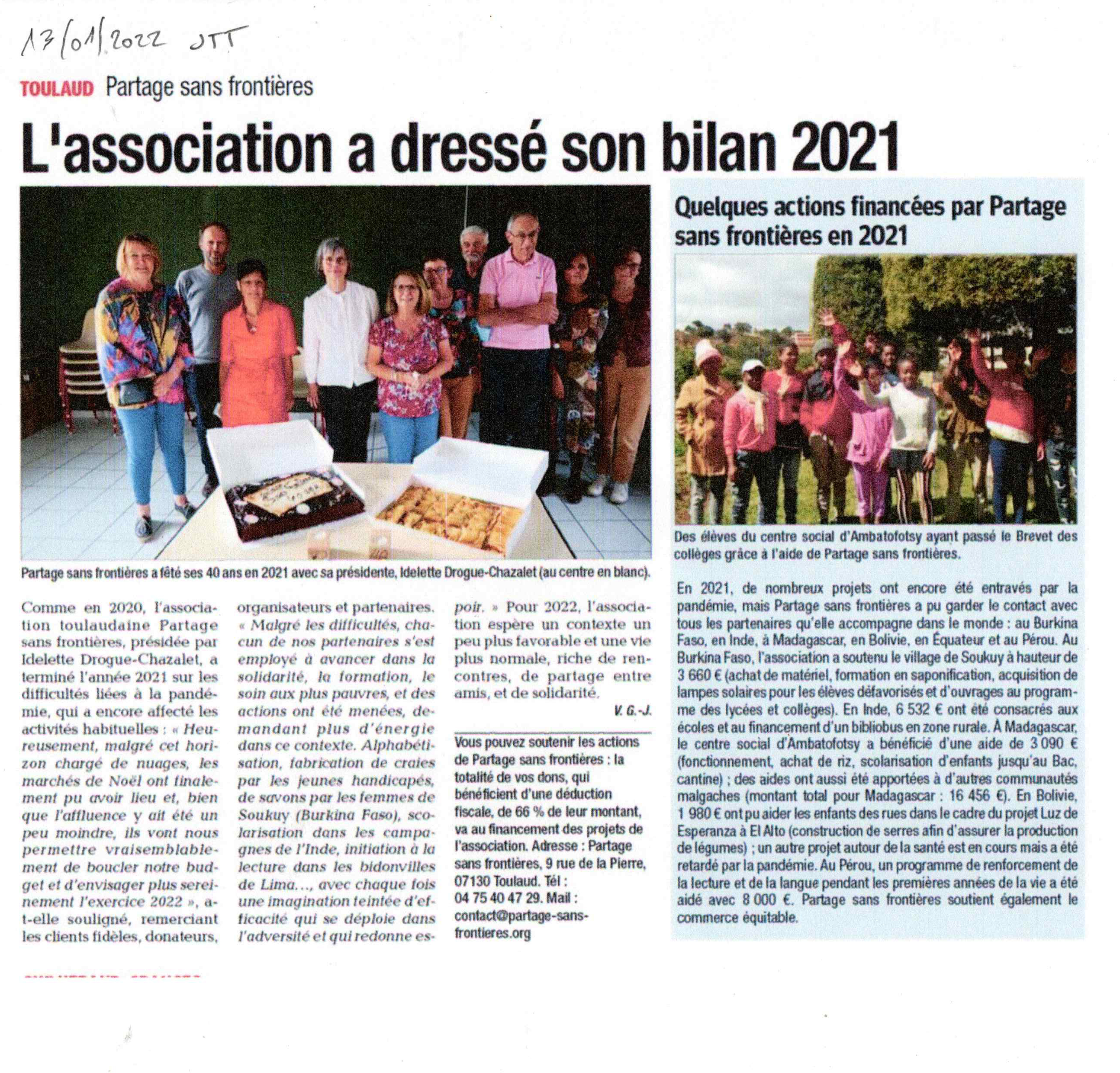 article de presse du journal Tain-Tournon, bilan de l'action de Partage Sans Frontières en 2021 