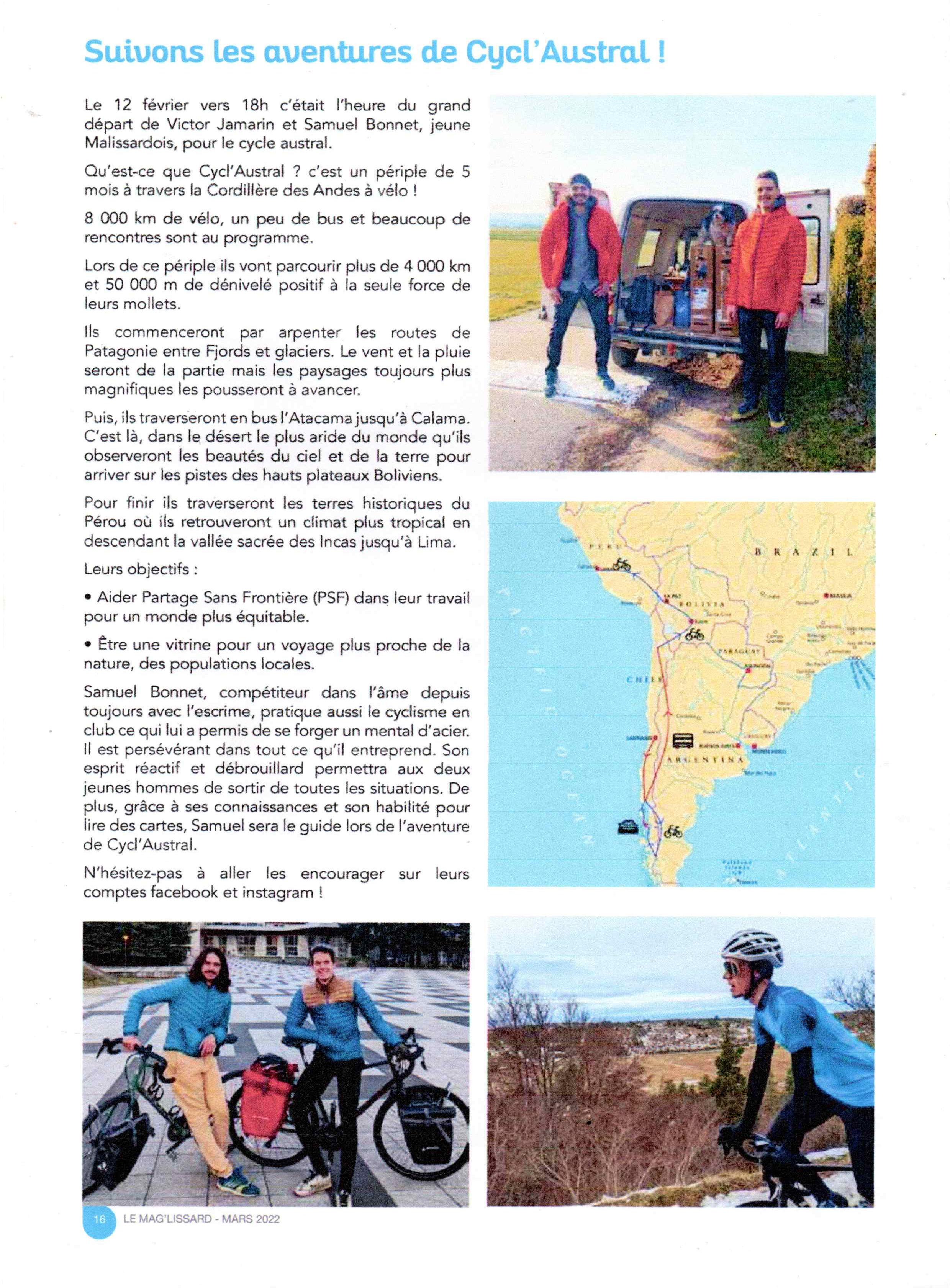 Le bulletin d'information de Malissard présente le périple de Samuel Bonnet et Victor Jamarin dans le cadre de Cycl'Austral