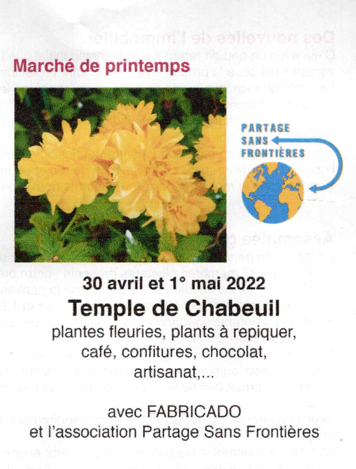 La parroisse de Chabeuil-Châteaudouble co-organise le marché de Printemps de 2022 de Partage Sans Frontières les 30 avril et 1er mai 2022