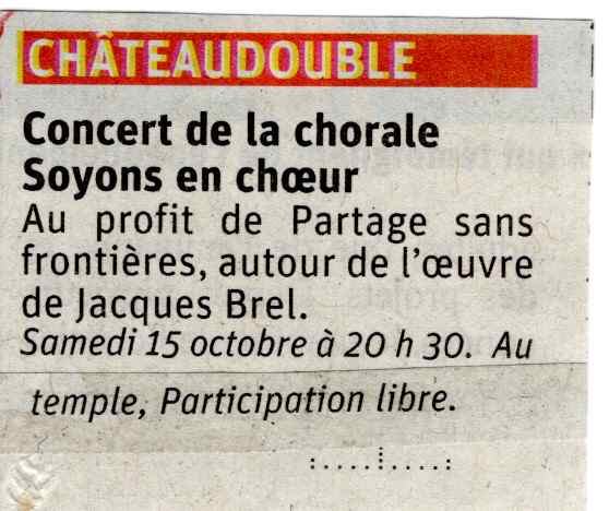 Concert de la chorale 'Soyons en choeur' le 14 octobre 2022 au profit de Partage Sans Frontières au temple de Châteaudouble
