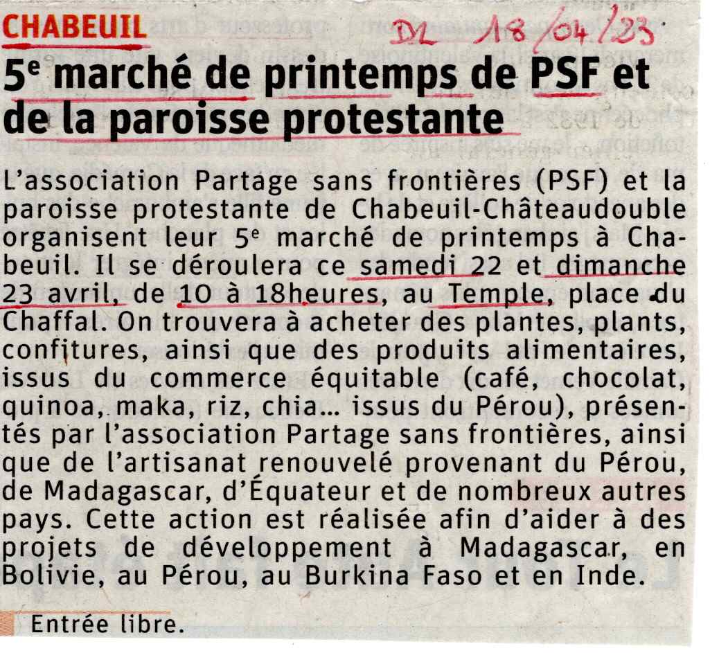 La parroisse de Chabeuil-Châteaudouble co-organise le marché de Printemps de 2023 de Partage Sans Frontières les 22 et 23 avril 2023