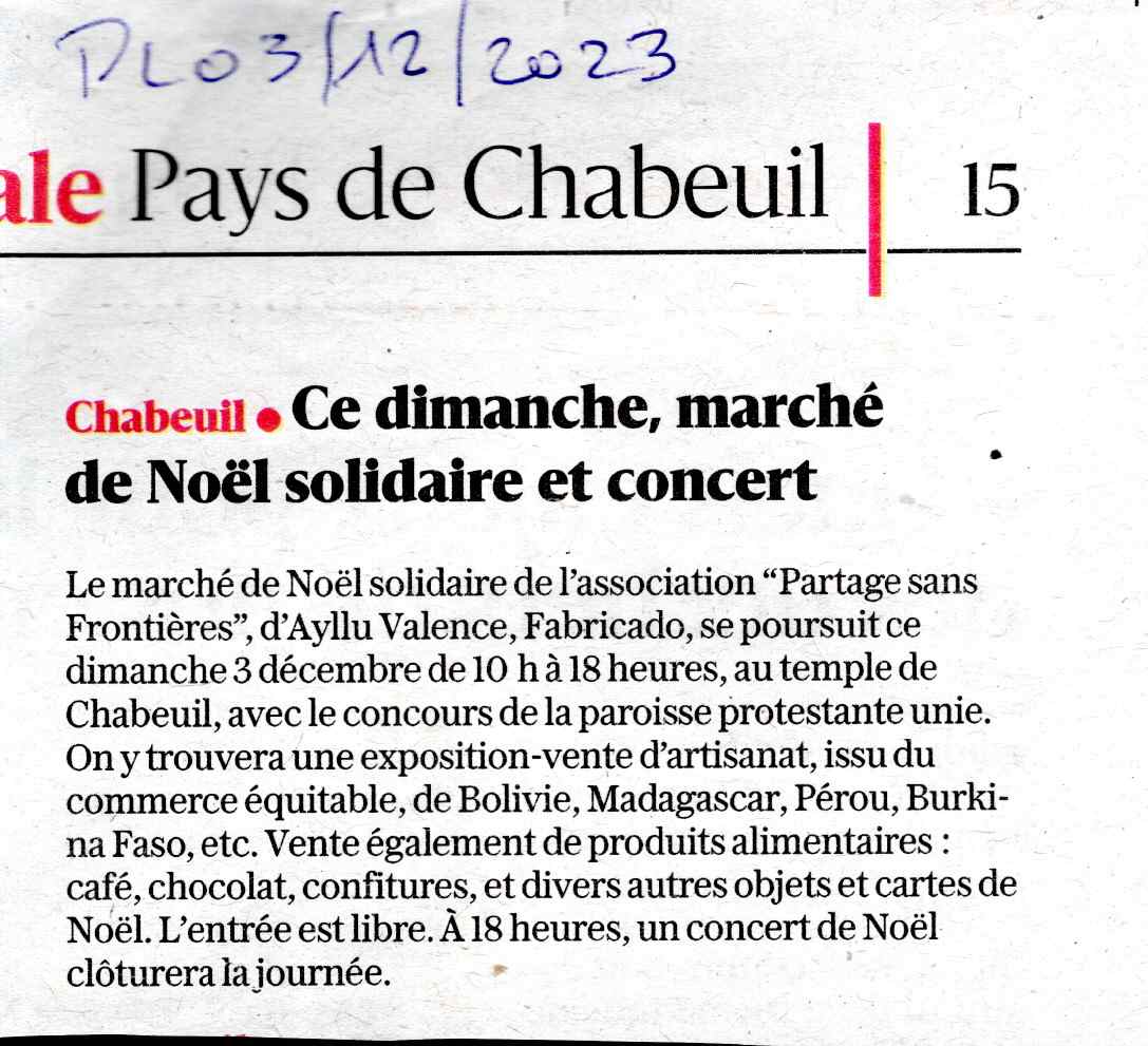 Marché solidaire de Chabeuil du 03 au 04 décembre 2023 au temple de Chabeuil
