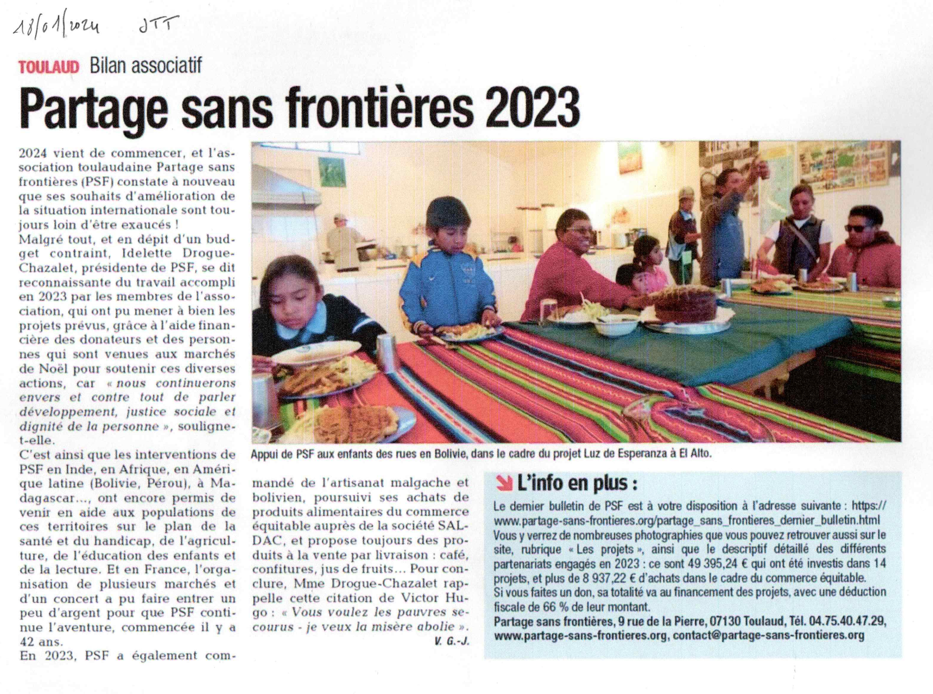article de presse du journal Tain-Tournon, bilan de l'action de Partage Sans Frontières en 2021 